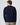Rear view of navy cable knit sweater with ribbed hem and cuffs.