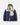 Navy and cream insulated jacket laid flat with hood and interior exposed.